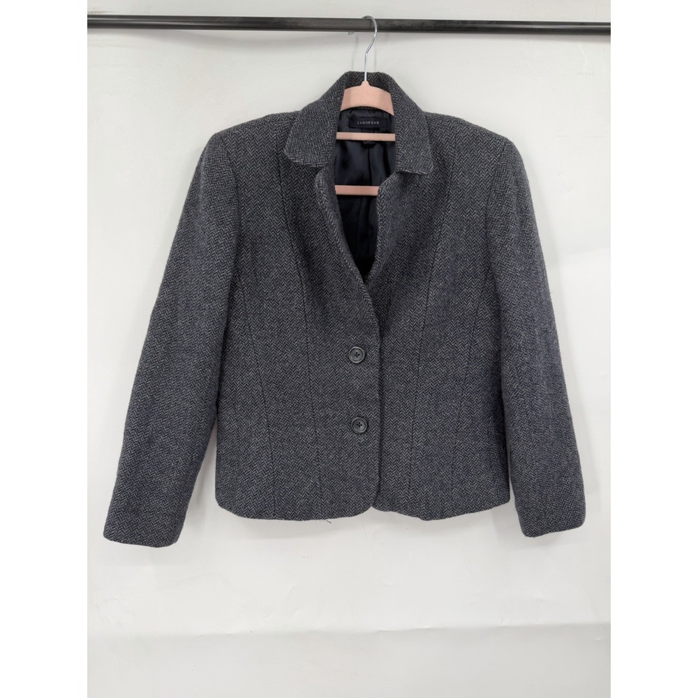 Lands End Wool Herringbone Blazer Women 10P Gray Petite Old Money Academia